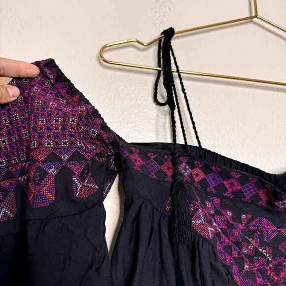 Free People Top XS Embroidered Vacay Vibin Boho Tassel Babydoll Cotton Hippie - Picture 5 of 10